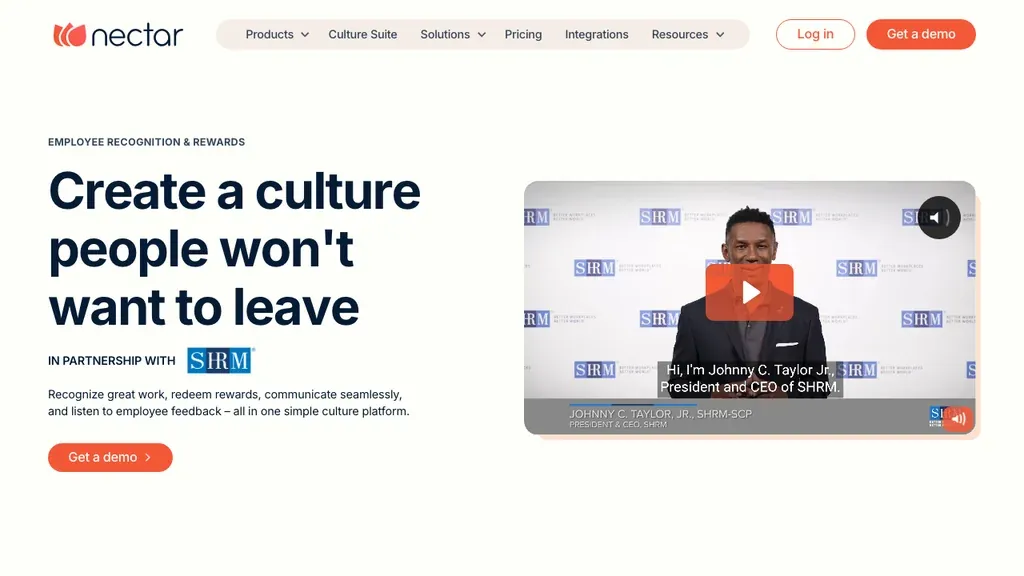 Nectar employee recognition and rewards platform homepage (screenshot July 2026)