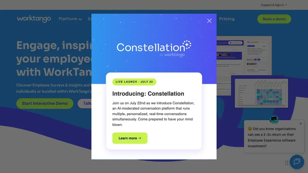 WorkTango employee engagement surveys and recognition homepage (screenshot July 2026)