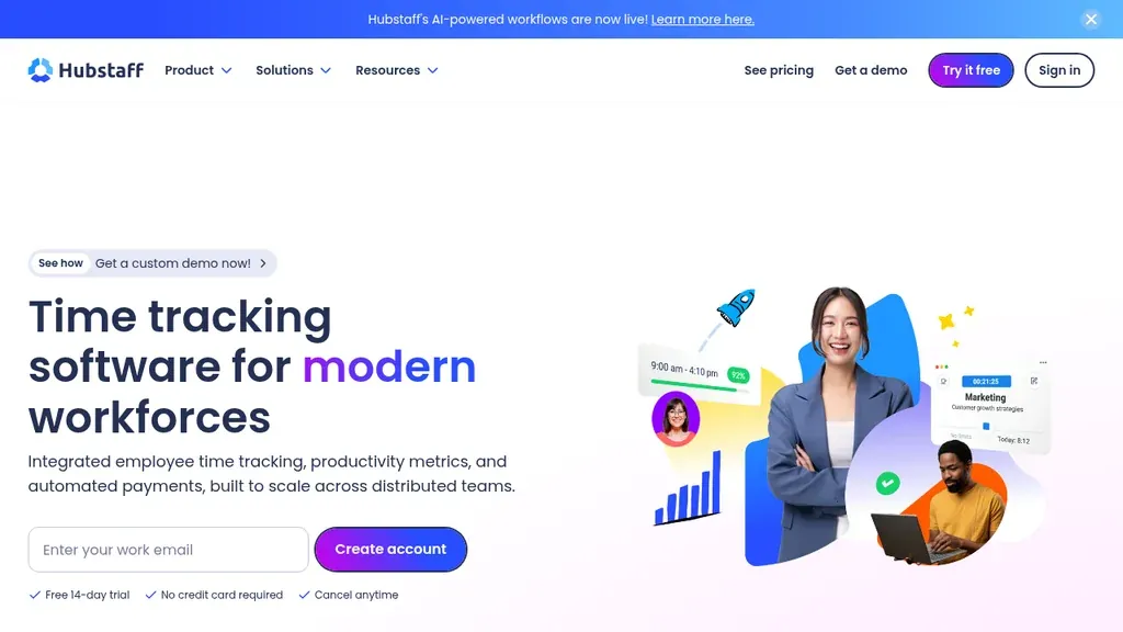 Hubstaff employee monitoring homepage (screenshot September 2026)