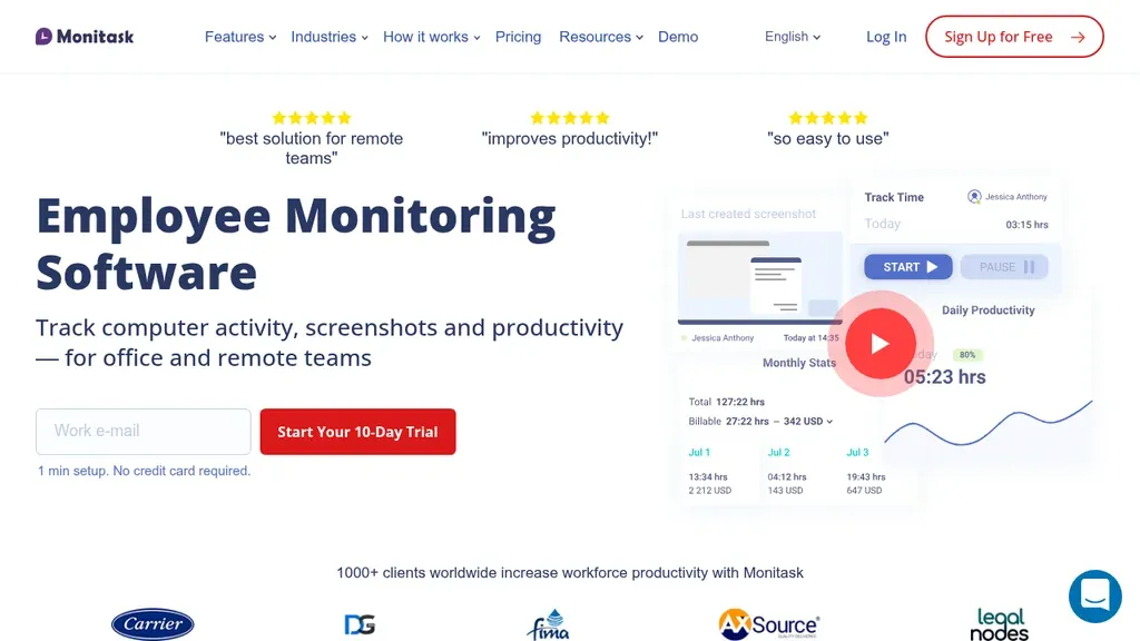 Monitask employee monitoring homepage (screenshot September 2026)
