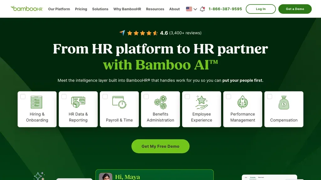 BambooHR SMB HRIS with reporting and analytics homepage (screenshot September 2026)