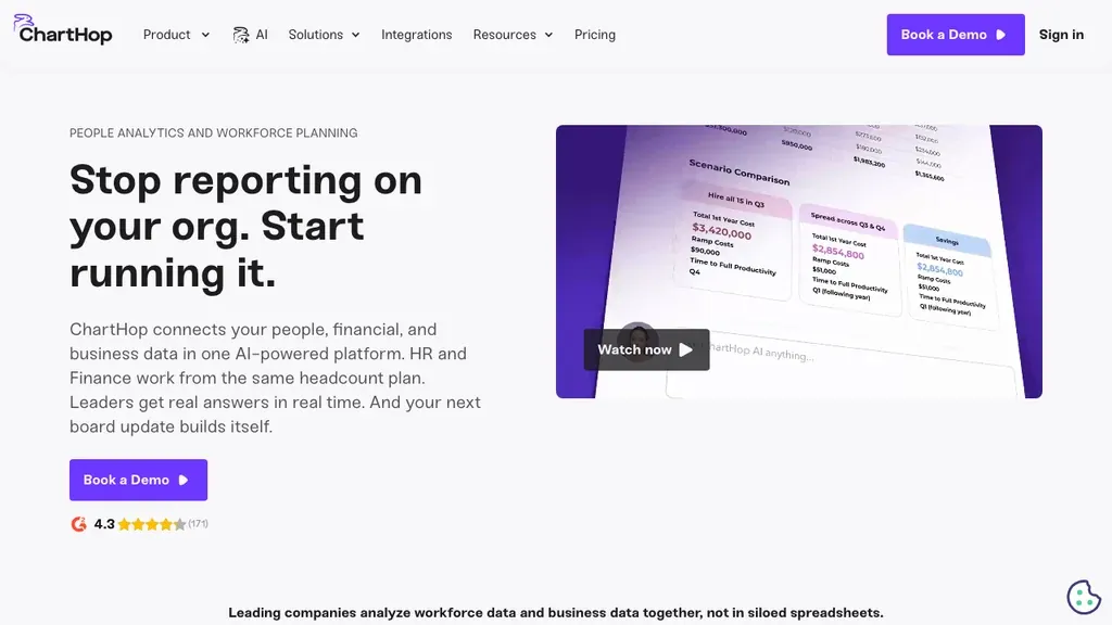 ChartHop org chart and headcount planning analytics homepage (screenshot September 2026)