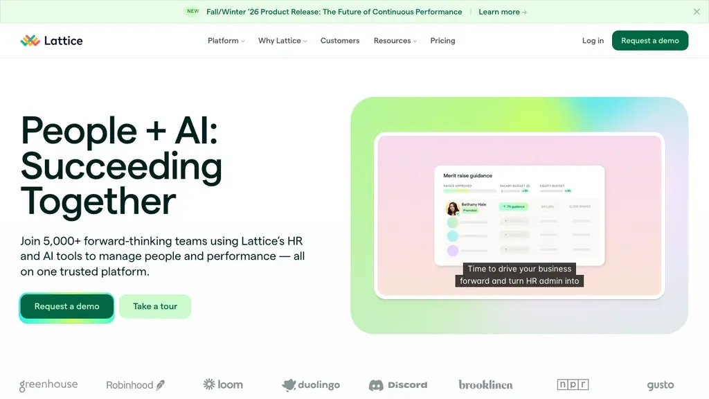 Lattice performance and people analytics software homepage (screenshot September 2026)