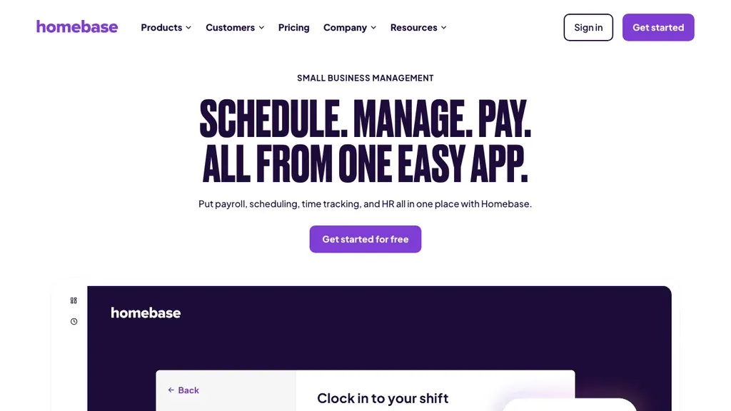 Homebase HR software homepage (screenshot July 2026)