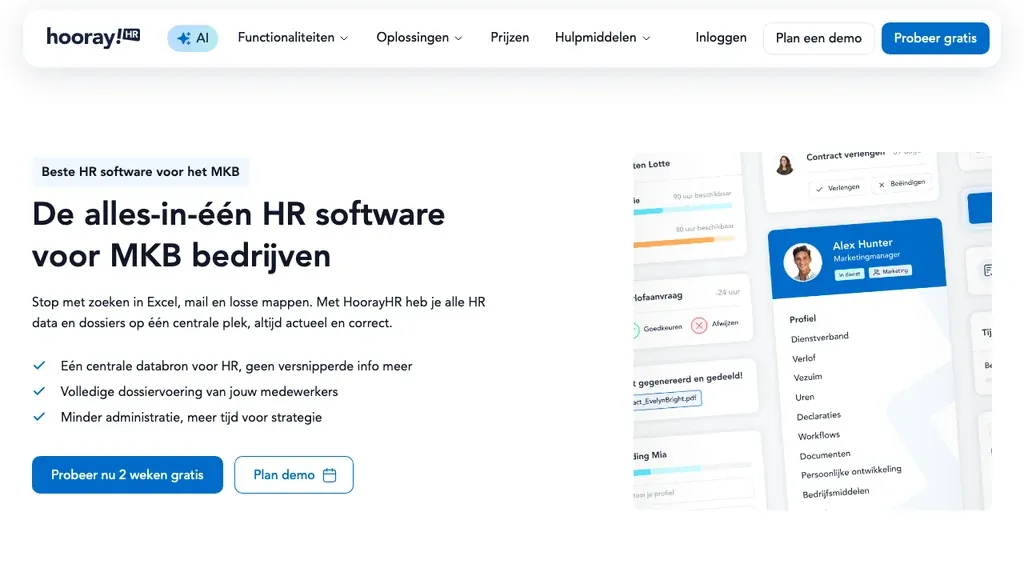 Hooray HR software voor het MKB homepage (screenshot september 2026)