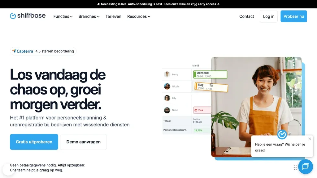 Shiftbase personeelsplanning en HR homepage (screenshot september 2026)