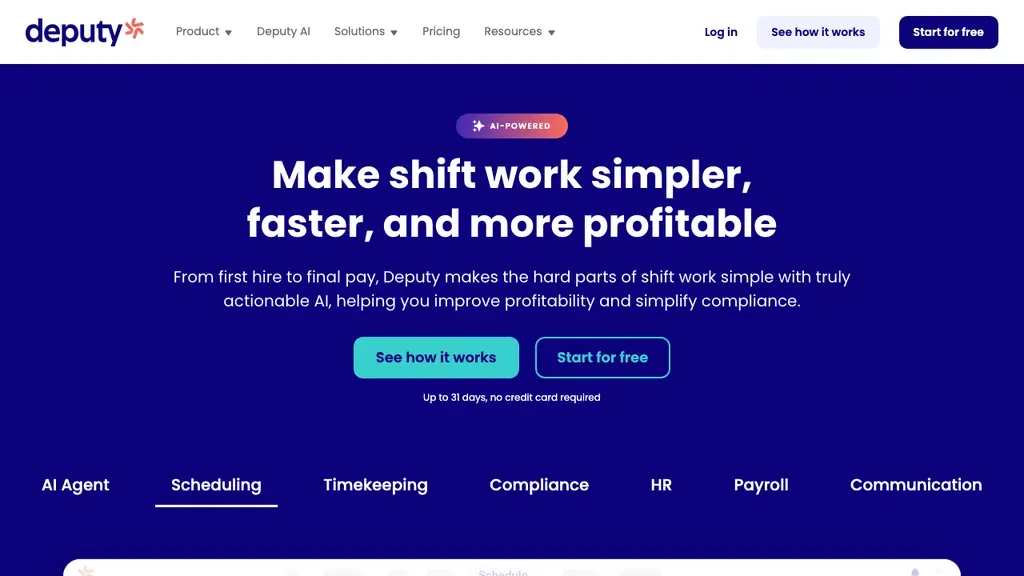 Deputy workforce and HRIS-adjacent homepage (screenshot September 2026)