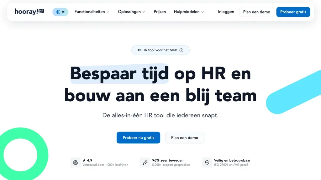 Hooray HR HRM software voor het MKB homepage (screenshot september 2026)