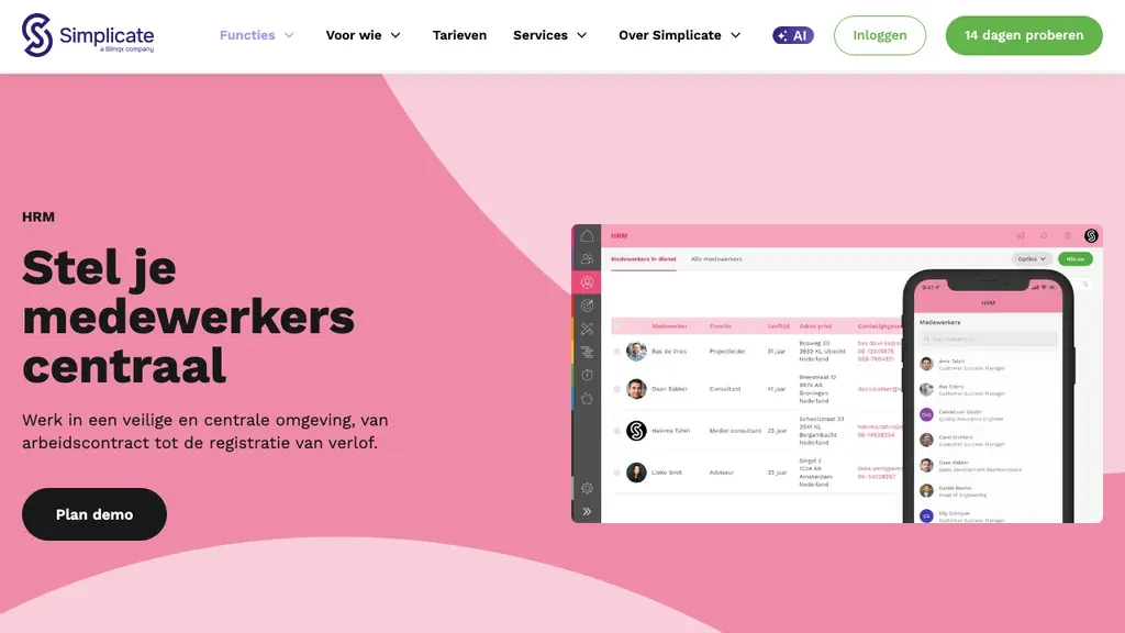 Simplicate HRM software homepage (screenshot september 2026)