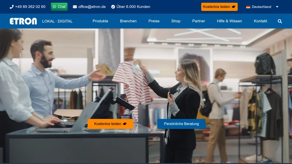 etron Kassensystem Einzelhandel Startseite (Screenshot Oktober 2026)
