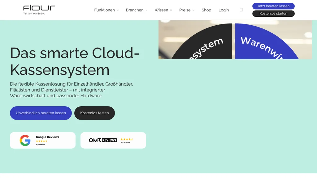 flour Kassensystem Einzelhandel Startseite (Screenshot Oktober 2026)