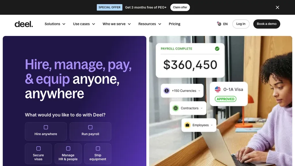 Deel global HR and offboarding platform homepage (screenshot July 2026)