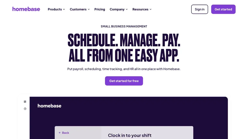 Homebase hourly team software homepage (screenshot July 2026)