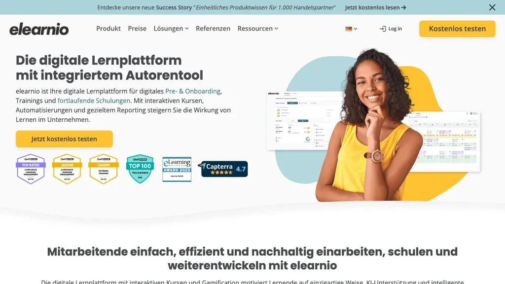 elearnio Onboarding-Software: Lernplattform Startseite (Screenshot Oktober 2026)