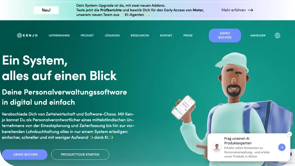 Kenjo Onboarding-Software: HR-Plattform Startseite (Screenshot Oktober 2026)