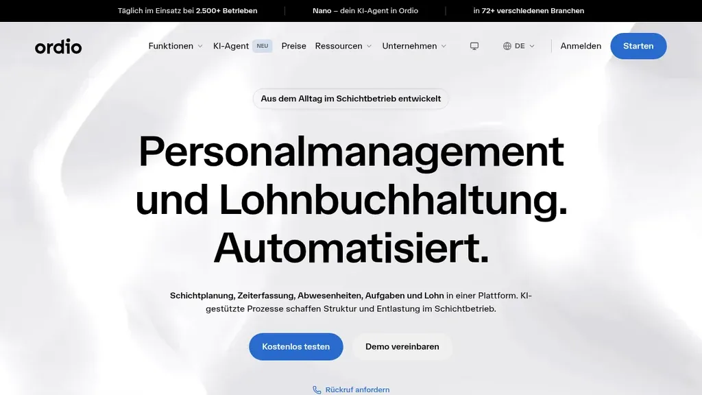 Ordio Onboarding-Software: Startseite mit Schichtplanung, Zeiterfassung und Personalverwaltung (Screenshot Oktober 2026)