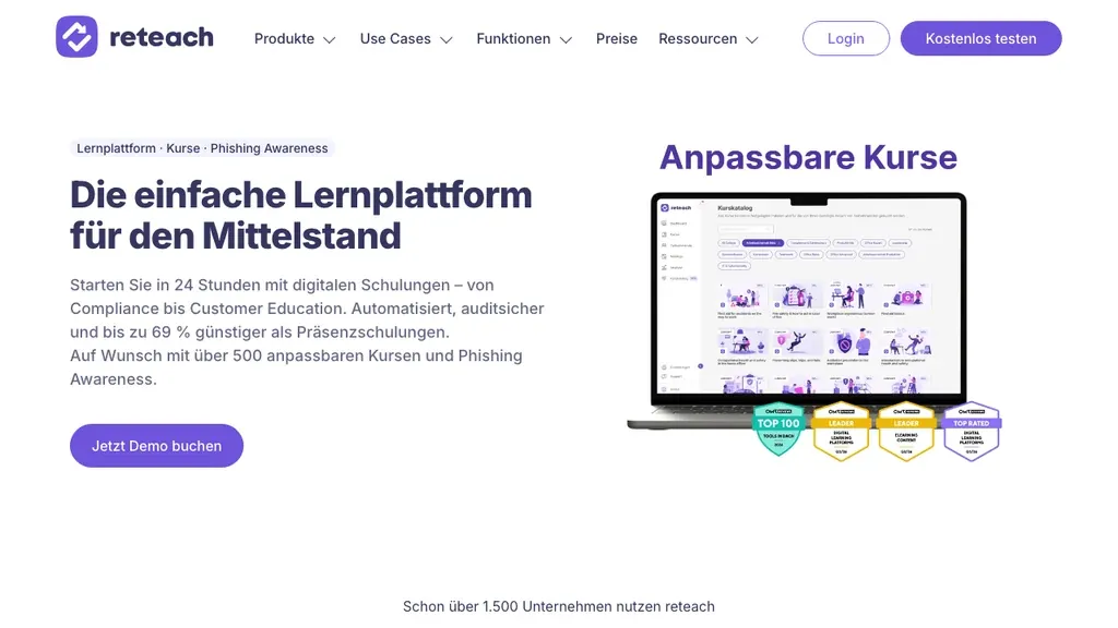 reteach Onboarding-Software: E-Learning Startseite (Screenshot Oktober 2026)