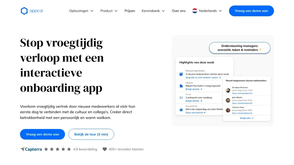 Appical Nederlandse onboarding-app homepage (screenshot september 2026)