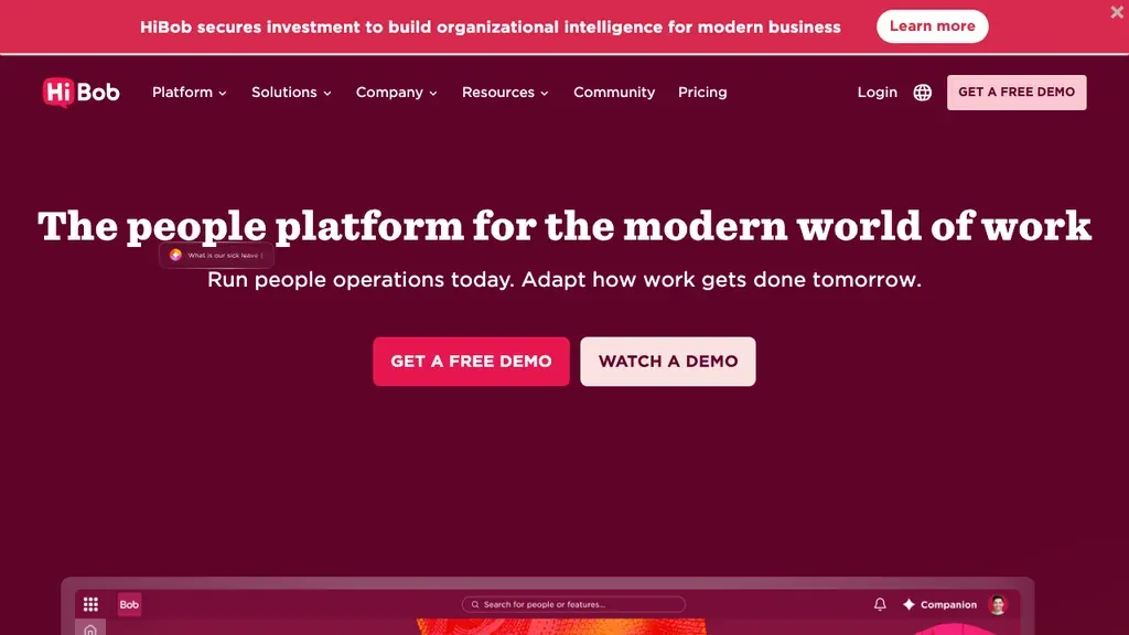 HiBob people platform page for onboarding workflows (screenshot September 2026)