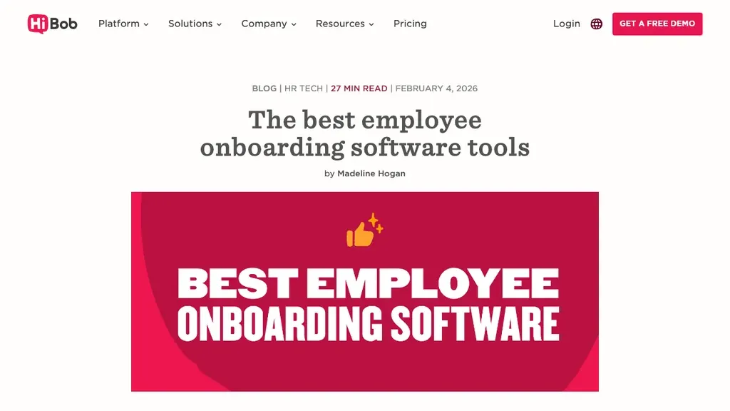 HiBob people platform homepage for onboarding workflows (screenshot July 2026)