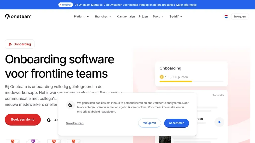 Oneteam onboarding app voor frontline teams homepage (screenshot september 2026)