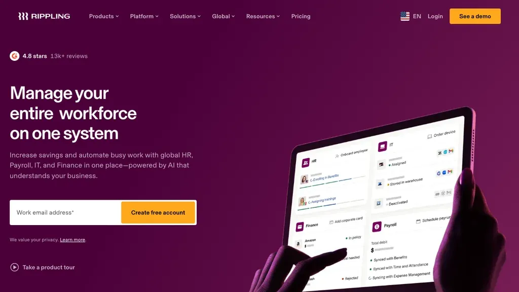 Rippling HR and IT onboarding platform homepage (screenshot September 2026)