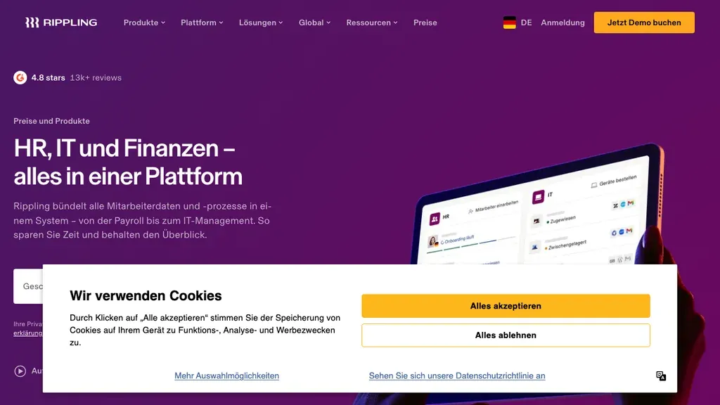 Rippling HR and IT onboarding platform homepage (screenshot July 2026)