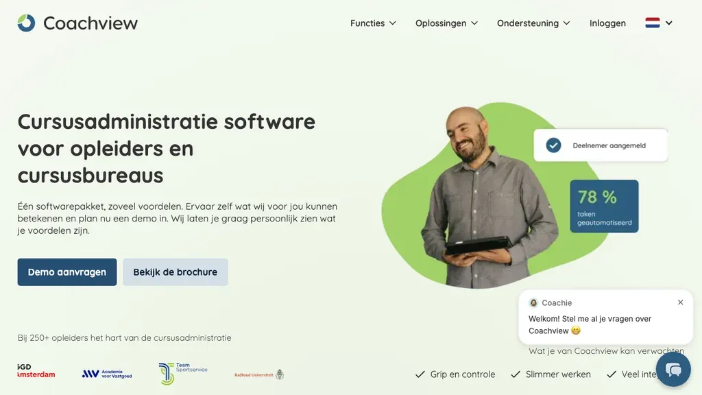 Coachview opleidingsadministratie software homepage (screenshot juli 2026)