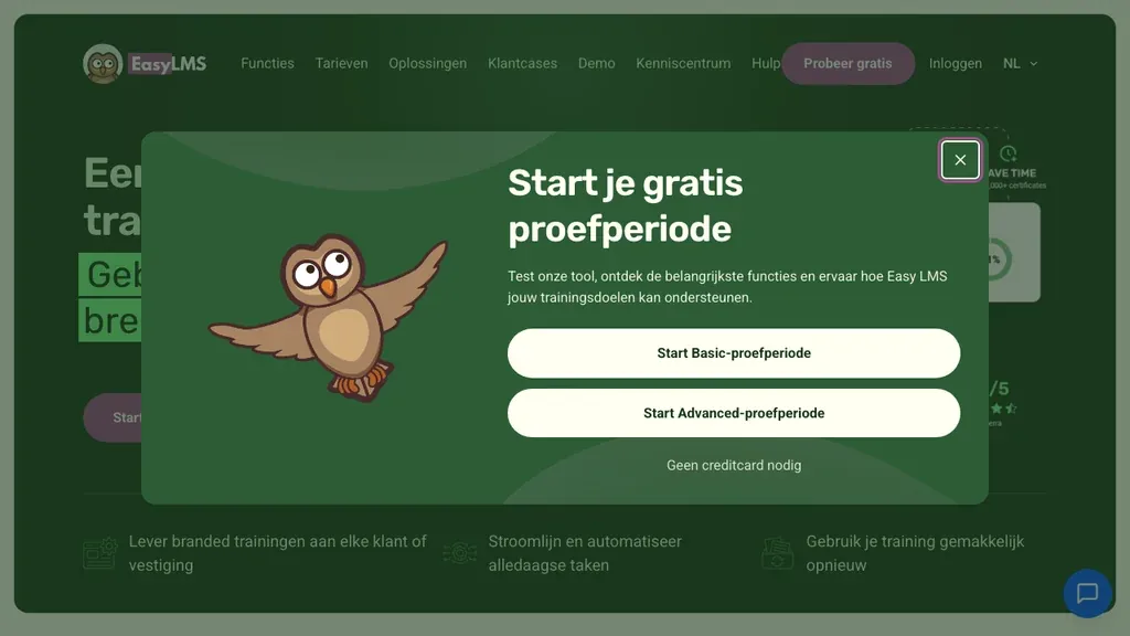 Easy LMS software homepage voor online trainingen (screenshot juli 2026)