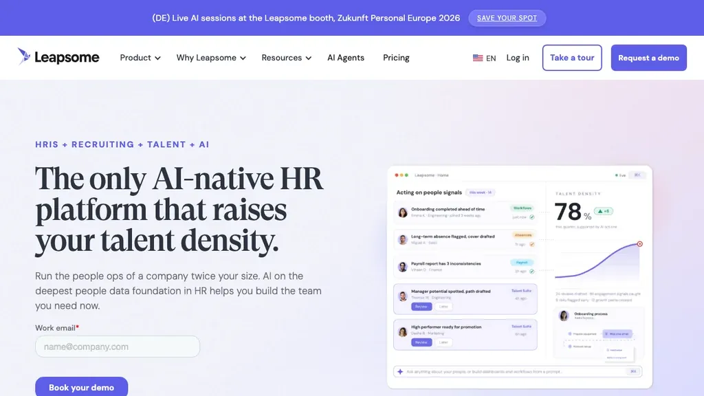 Leapsome performance review and goals software homepage (screenshot September 2026)