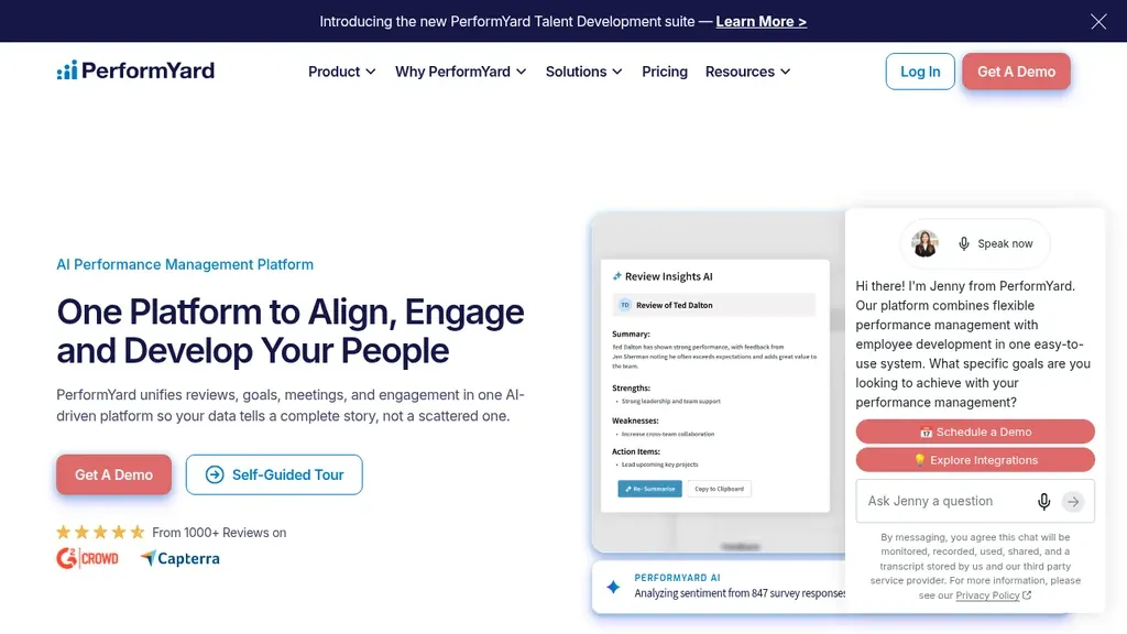 PerformYard structured performance management software homepage (screenshot September 2026)