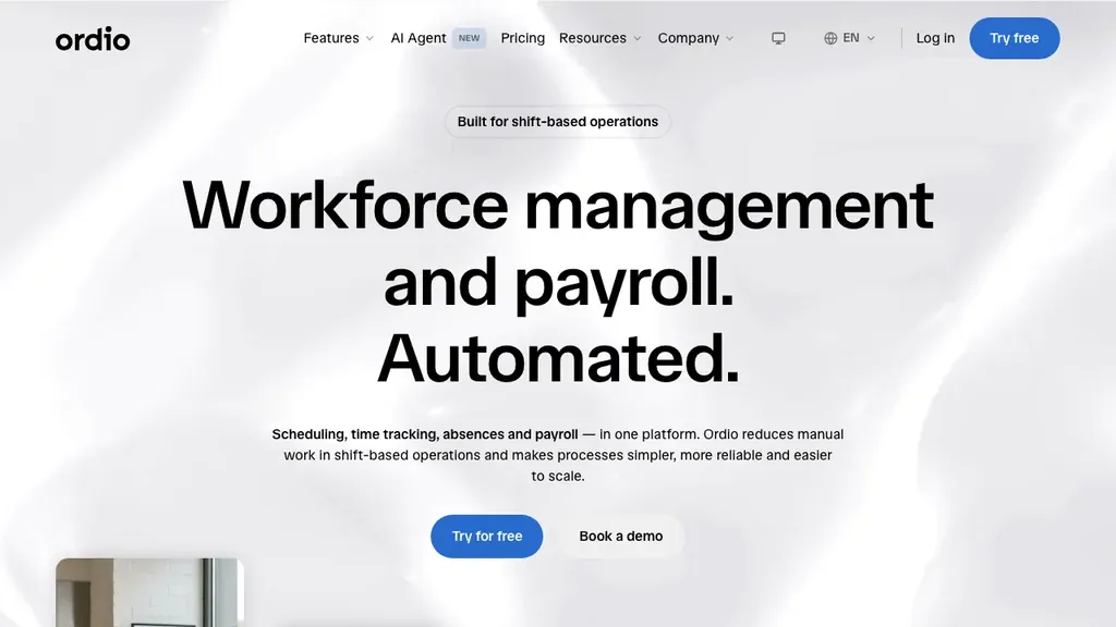 Ordio performance check-ins for shift teams homepage showing employee files and scheduling (screenshot July 2026)
