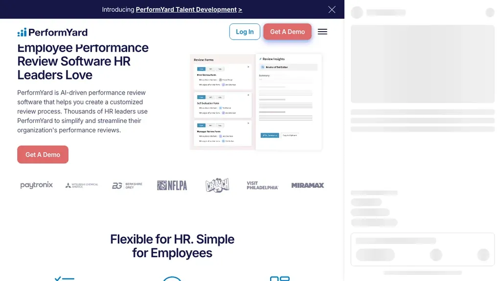 PerformYard structured performance review software homepage (screenshot July 2026)