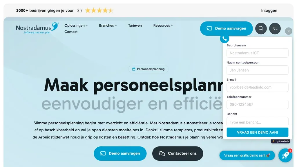 Nostradamus horeca personeelsplanning software homepage (screenshot september 2026)