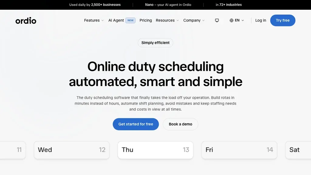 Ordio shift scheduling homepage (screenshot October 2026)