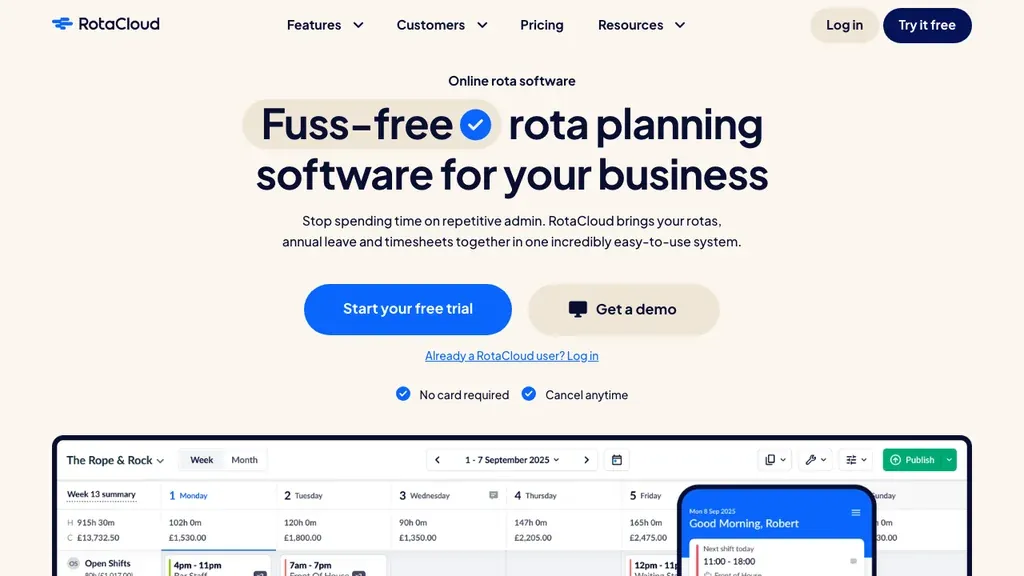 RotaCloud rota software homepage (screenshot October 2026)