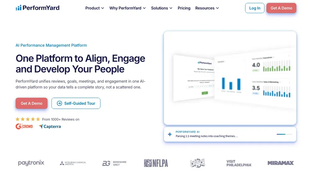 PerformYard performance management software homepage (screenshot July 2026)