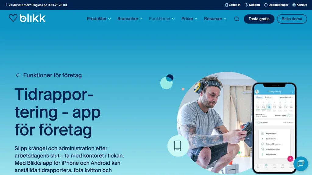 Blikk mobilapp för tidrapportering och kvitton (screenshot september 2026)