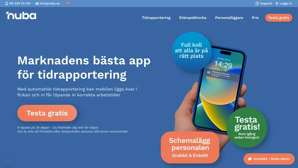 Nuba digital tidrapporteringsapp med GPS (screenshot september 2026)