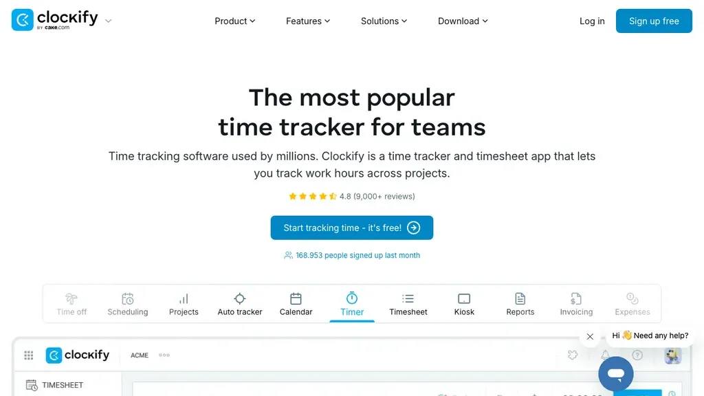Clockify time tracking homepage (screenshot July 2026)