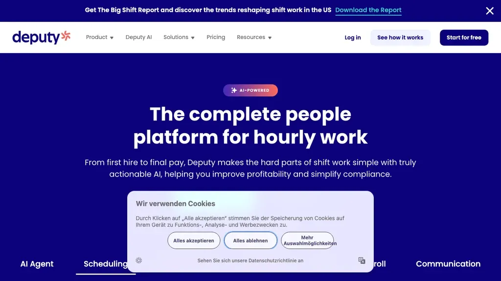 Deputy workforce scheduling and time tracking homepage (screenshot July 2026)