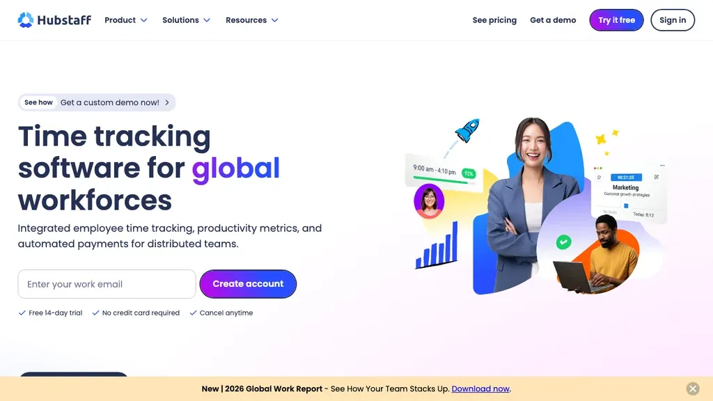 Hubstaff employee time tracking homepage (screenshot July 2026)