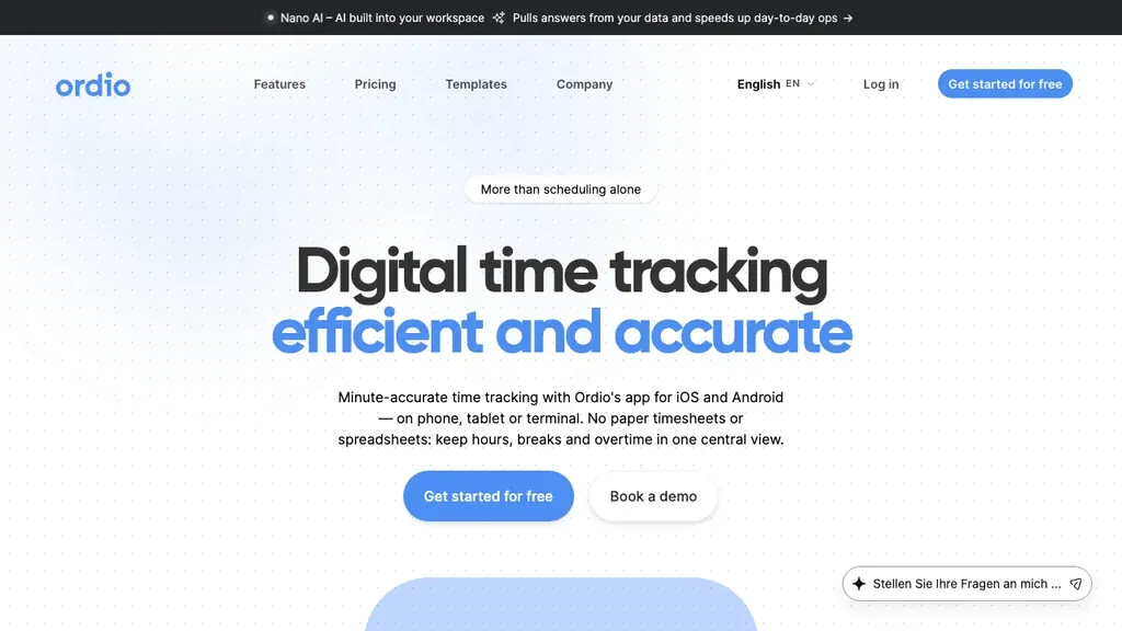 Ordio time tracking and shift scheduling homepage (screenshot July 2026)