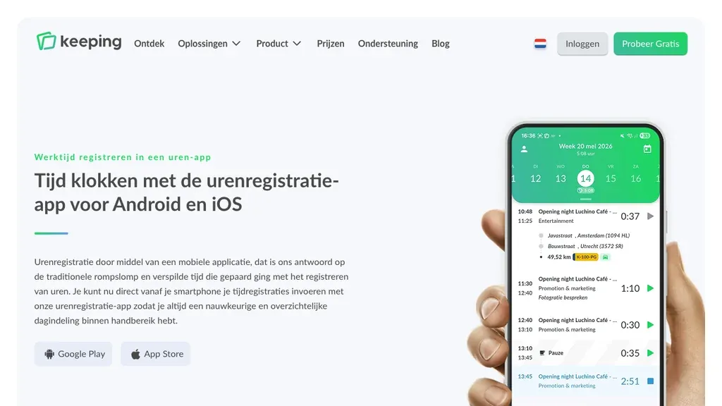 Keeping urenregistratie app voor iOS en Android (screenshot september 2026)