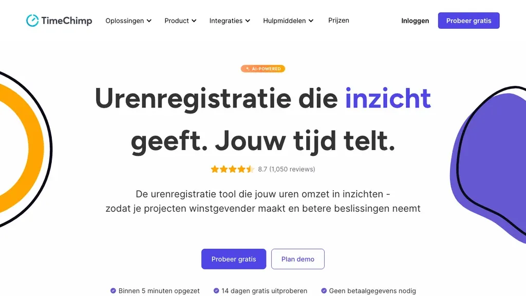 TimeChimp urenregistratie app homepage (screenshot september 2026)