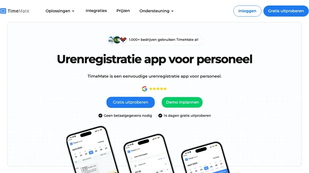 TimeMate urenregistratie app voor personeel (screenshot september 2026)