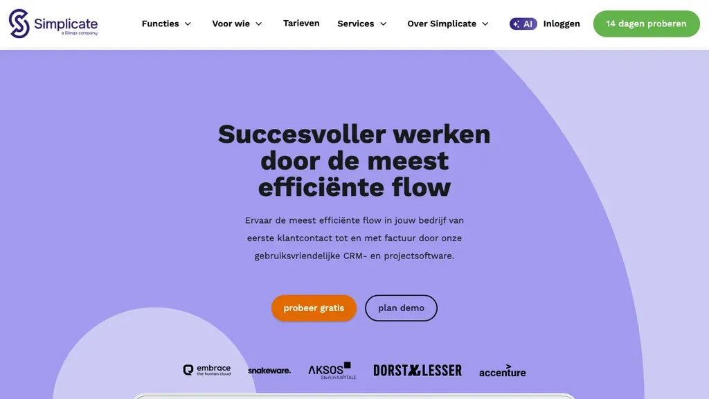 Simplicate urenregistratie en CRM software homepage (screenshot september 2026)