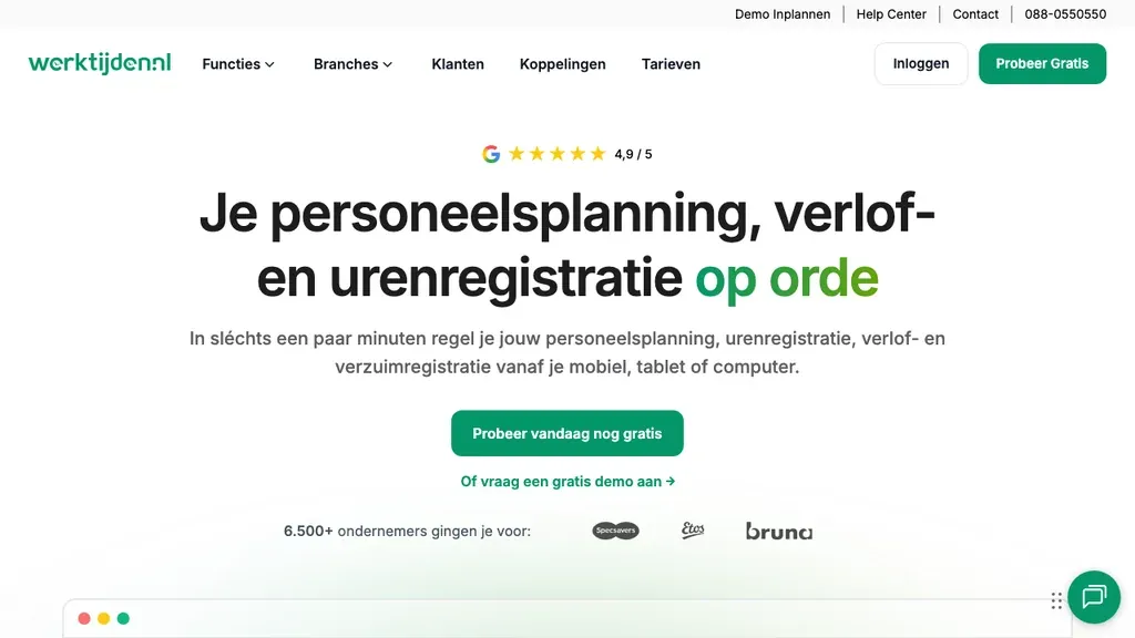 Werktijden.nl personeelsplanning en urenregistratie homepage (screenshot september 2026)