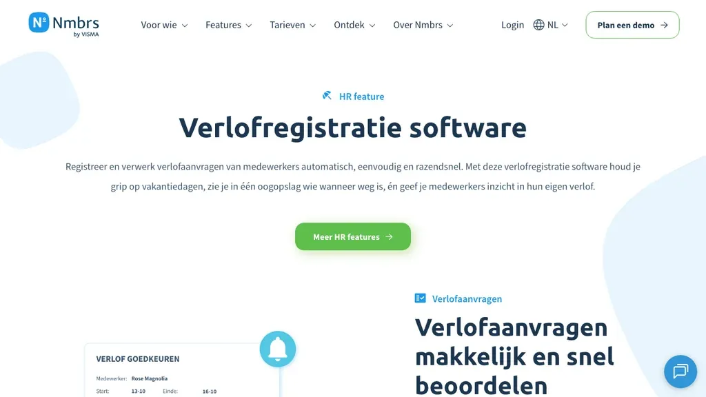 Nmbrs verlofregistratie software en payroll homepage (screenshot juli 2026)