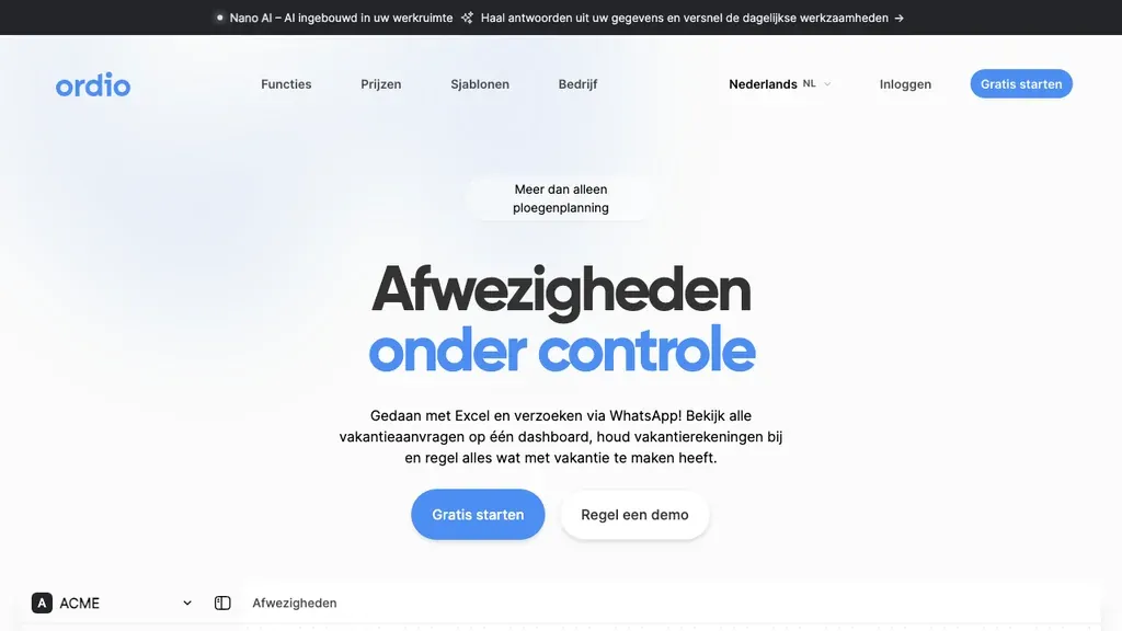 Ordio verlofregistratie en afwezigheden met rooster en tijd voor ploegendiensten (screenshot juli 2026)
